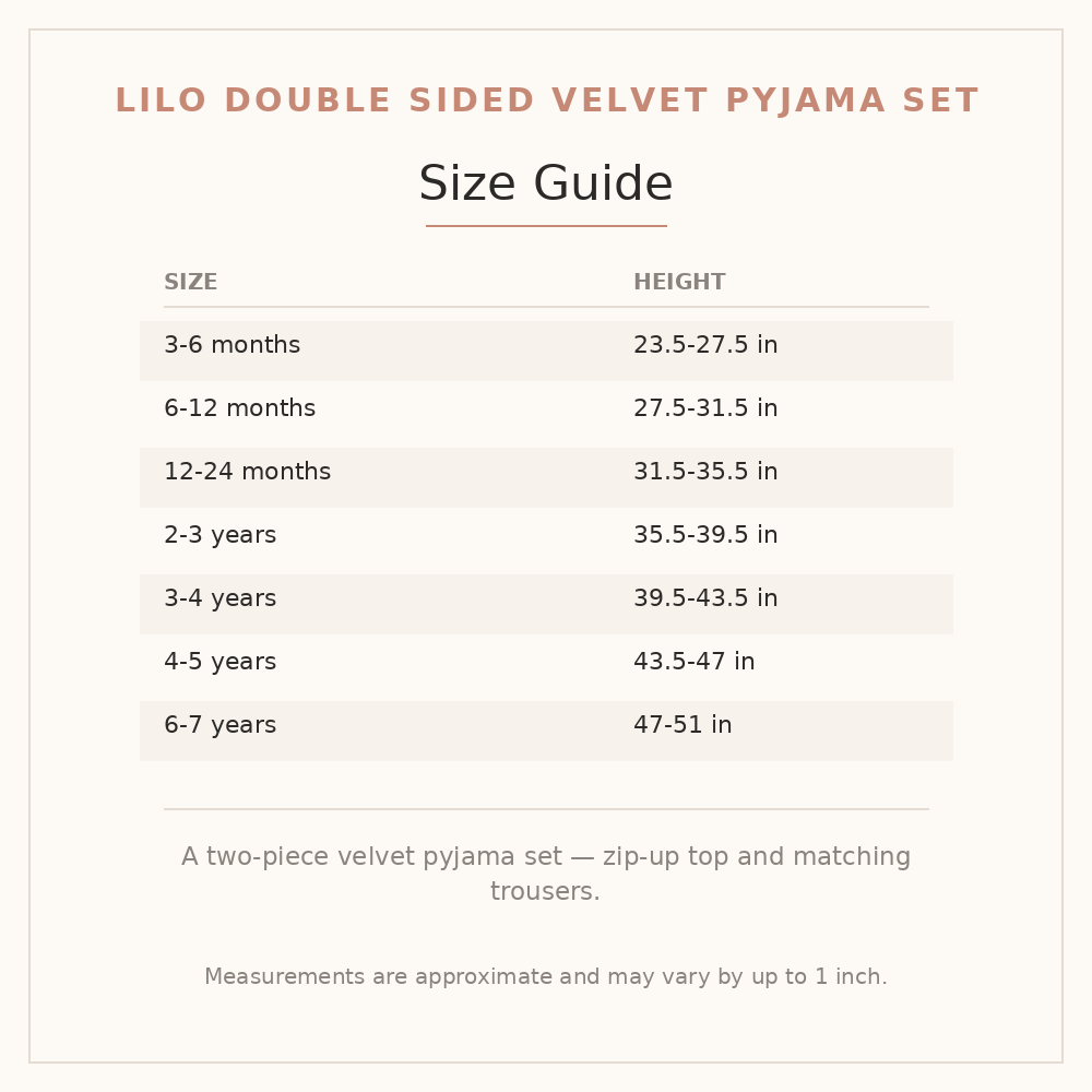 Lilo Double Sided Velvet Pyjama Set size guide - age and height