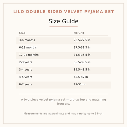 Lilo Double Sided Velvet Pyjama Set size guide - age and height