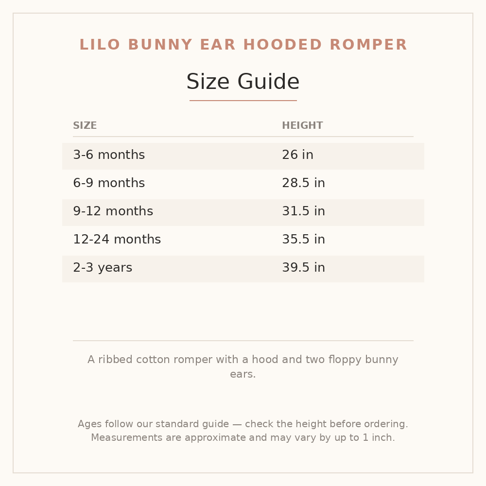 Lilo Bunny Ear Hooded Romper size guide - age and height