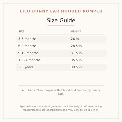 Lilo Bunny Ear Hooded Romper size guide - age and height