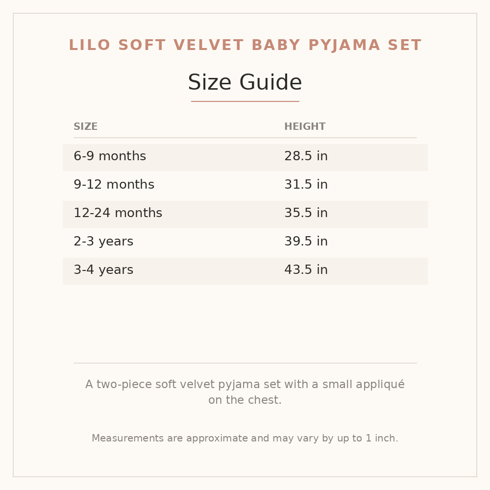 Lilo Soft Velvet Baby Pyjama Set size guide - age and height