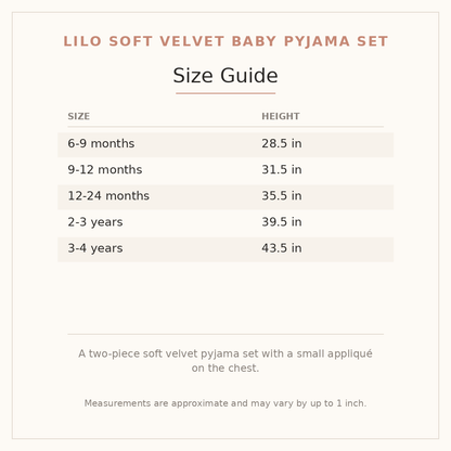 Lilo Soft Velvet Baby Pyjama Set size guide - age and height