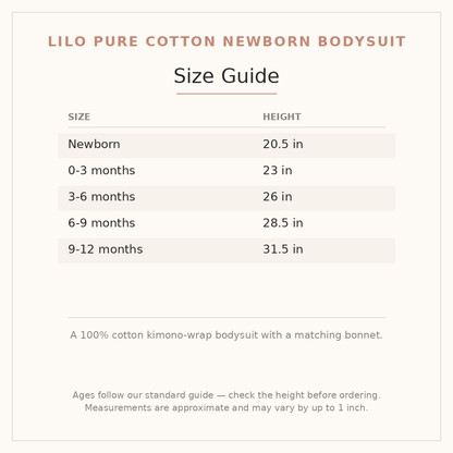 Lilo Pure Cotton Newborn Bodysuit size guide - age and height