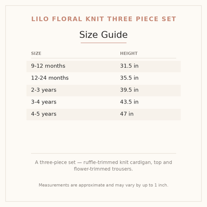 Lilo Floral Knit Three Piece Set size guide - age and height