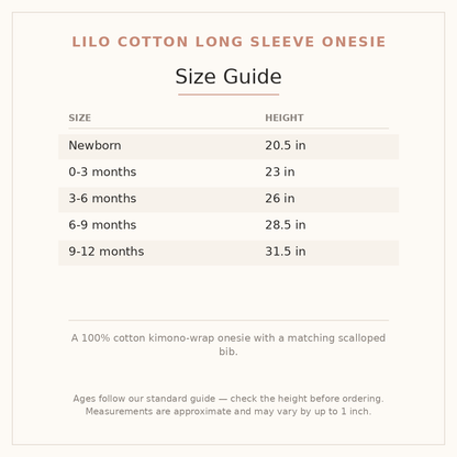 Lilo Cotton Long Sleeve Onesie size guide - age and height