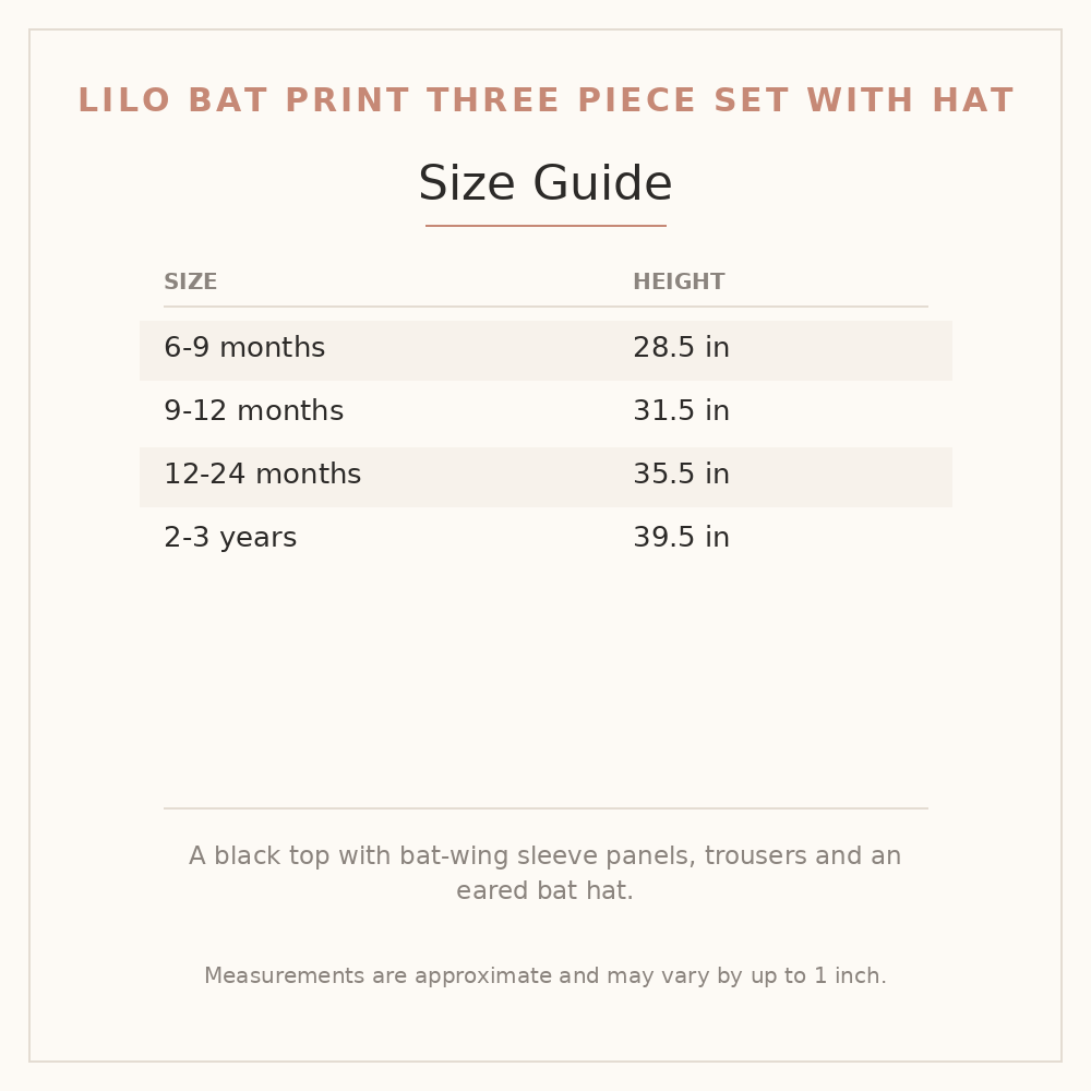 Lilo Bat Print Three Piece Set with Hat size guide - age and height