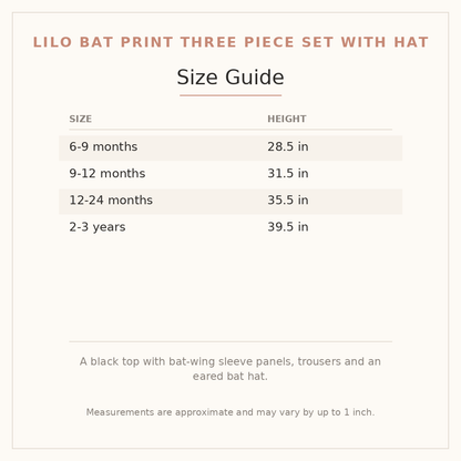 Lilo Bat Print Three Piece Set with Hat size guide - age and height