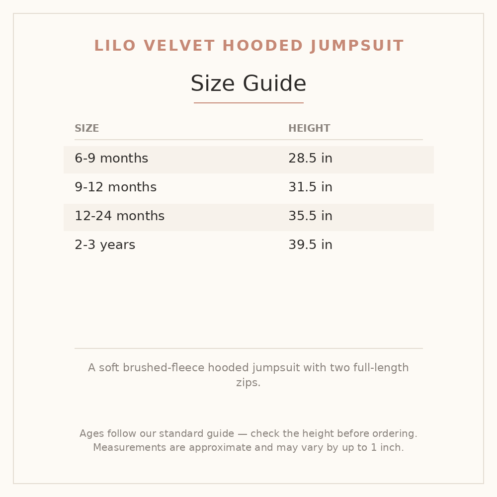 Lilo Velvet Hooded Jumpsuit size guide - age and height