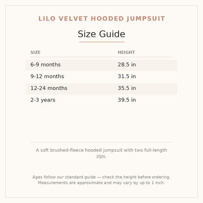 Lilo Velvet Hooded Jumpsuit size guide - age and height