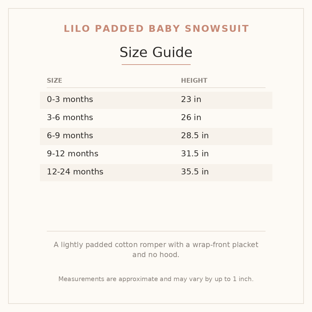 Lilo Padded Baby Snowsuit size guide - age and height