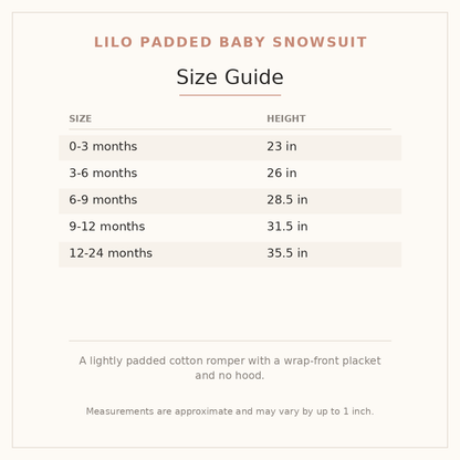 Lilo Padded Baby Snowsuit size guide - age and height