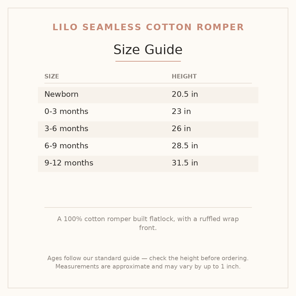 Lilo Seamless Cotton Romper size guide - age and height