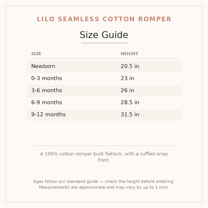 Lilo Seamless Cotton Romper size guide - age and height