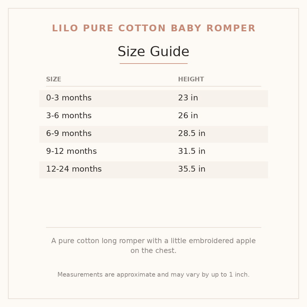Lilo Pure Cotton Baby Romper size guide - age and height