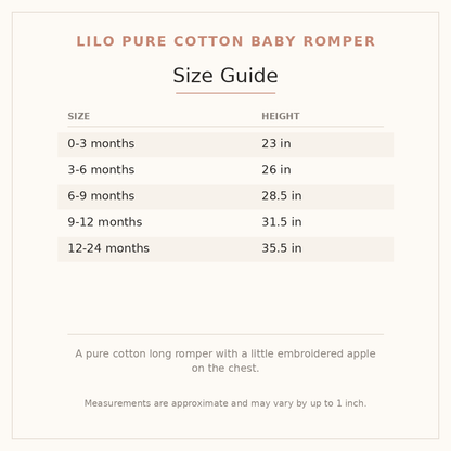 Lilo Pure Cotton Baby Romper size guide - age and height