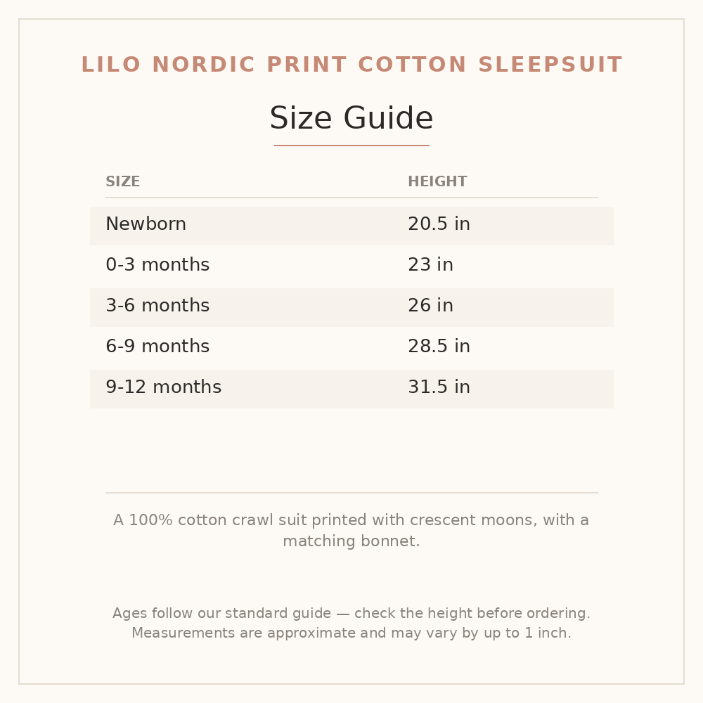 Lilo Nordic Print Cotton Sleepsuit size guide - age and height