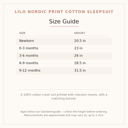 Lilo Nordic Print Cotton Sleepsuit size guide - age and height