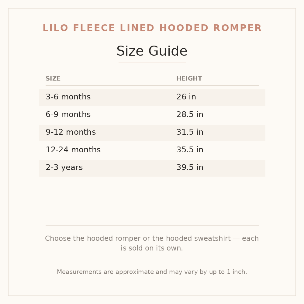 Lilo Fleece Lined Hooded Romper size guide - age and height