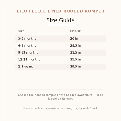 Lilo Fleece Lined Hooded Romper size guide - age and height