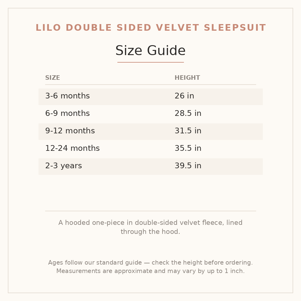Lilo Double Sided Velvet Sleepsuit size guide - age and height