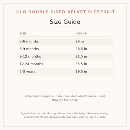 Lilo Double Sided Velvet Sleepsuit size guide - age and height