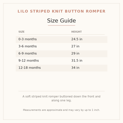 Lilo Striped Knit Button Romper size guide - age and height
