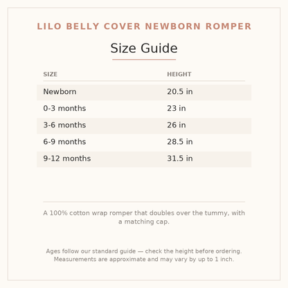 Lilo Belly Cover Newborn Romper size guide - age and height