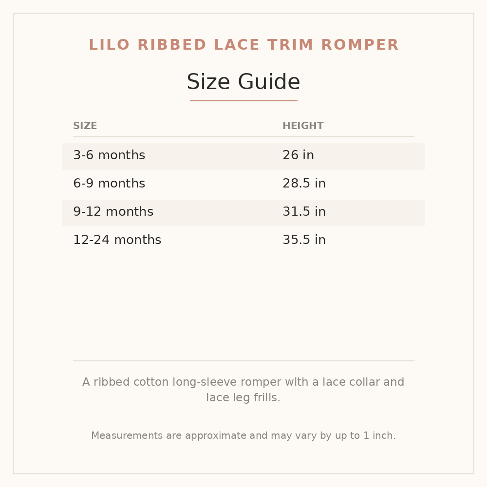 Lilo Ribbed Lace Trim Romper size guide - age and height