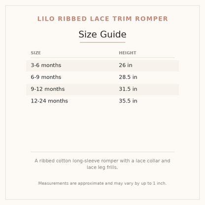 Lilo Ribbed Lace Trim Romper size guide - age and height