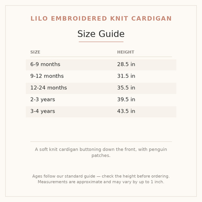 Lilo Embroidered Knit Cardigan size guide - age and height