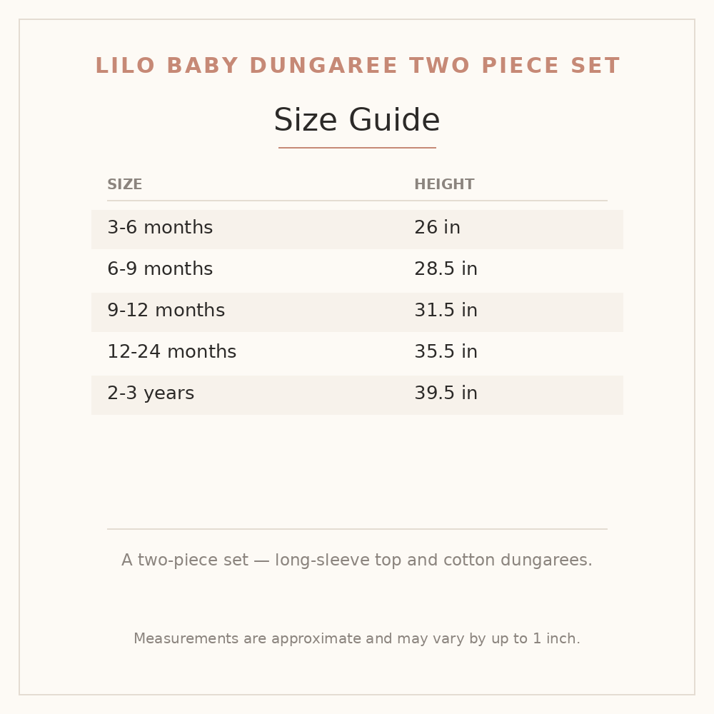 Lilo Baby Dungaree Two Piece Set size guide - age and height