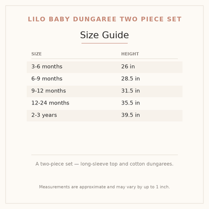Lilo Baby Dungaree Two Piece Set size guide - age and height