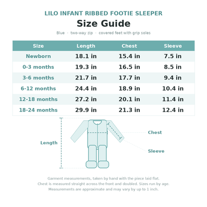 Lilo Infant Ribbed Footie Sleeper in Blue size guide - age and measurements