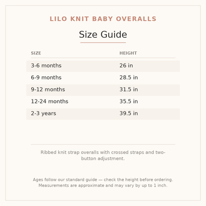 Lilo Knit Baby Overalls size guide - age and height