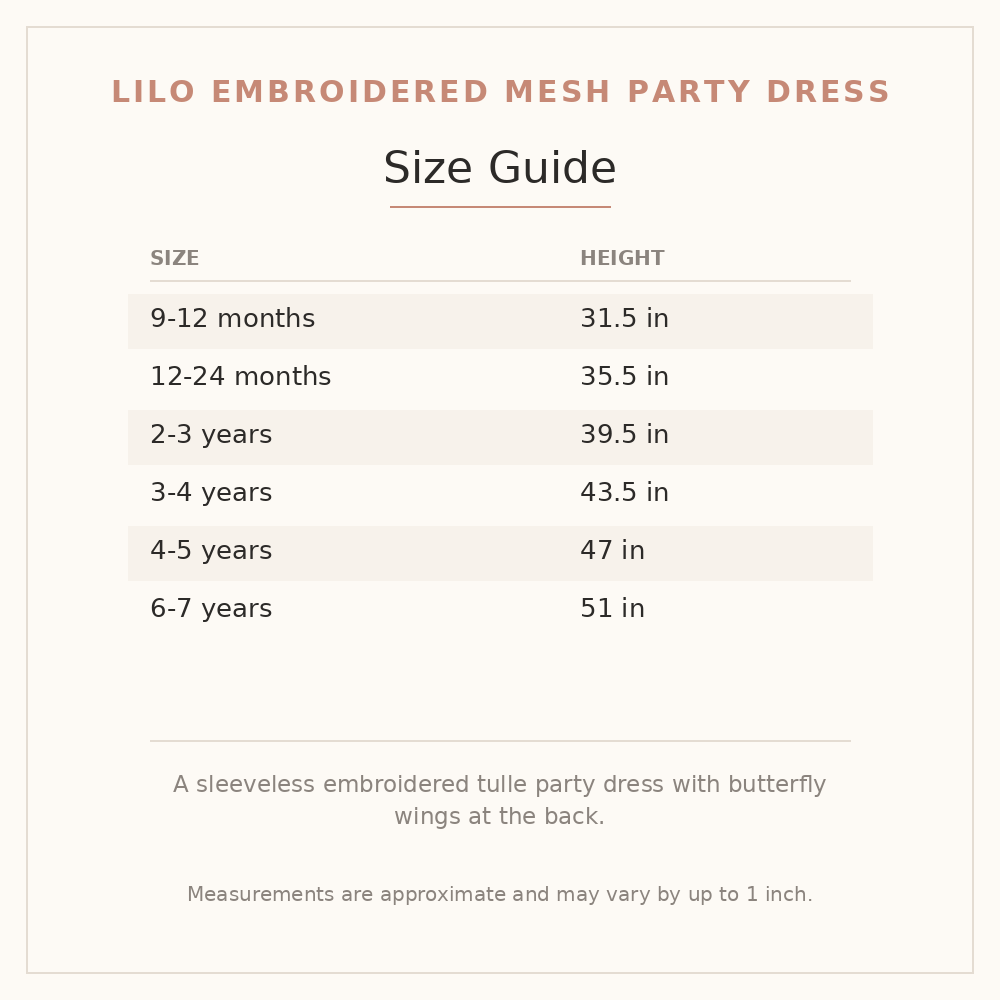 Lilo Embroidered Mesh Party Dress size guide - age and height