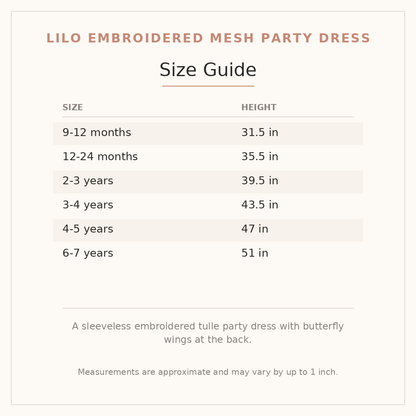 Lilo Embroidered Mesh Party Dress size guide - age and height