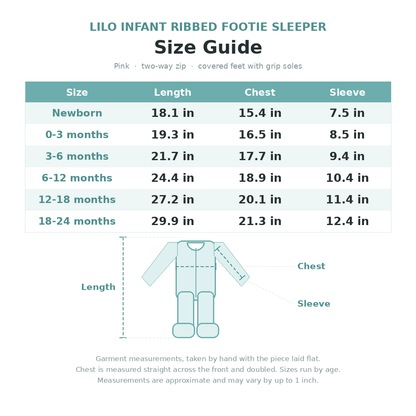 Lilo Infant Ribbed Footie Sleeper in Pink size guide - age and measurements