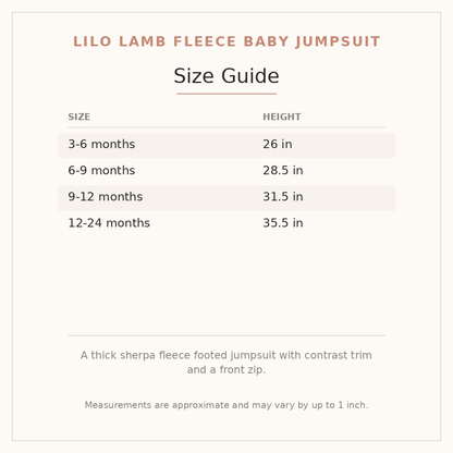 Lilo Lamb Fleece Baby Jumpsuit size guide - age and height