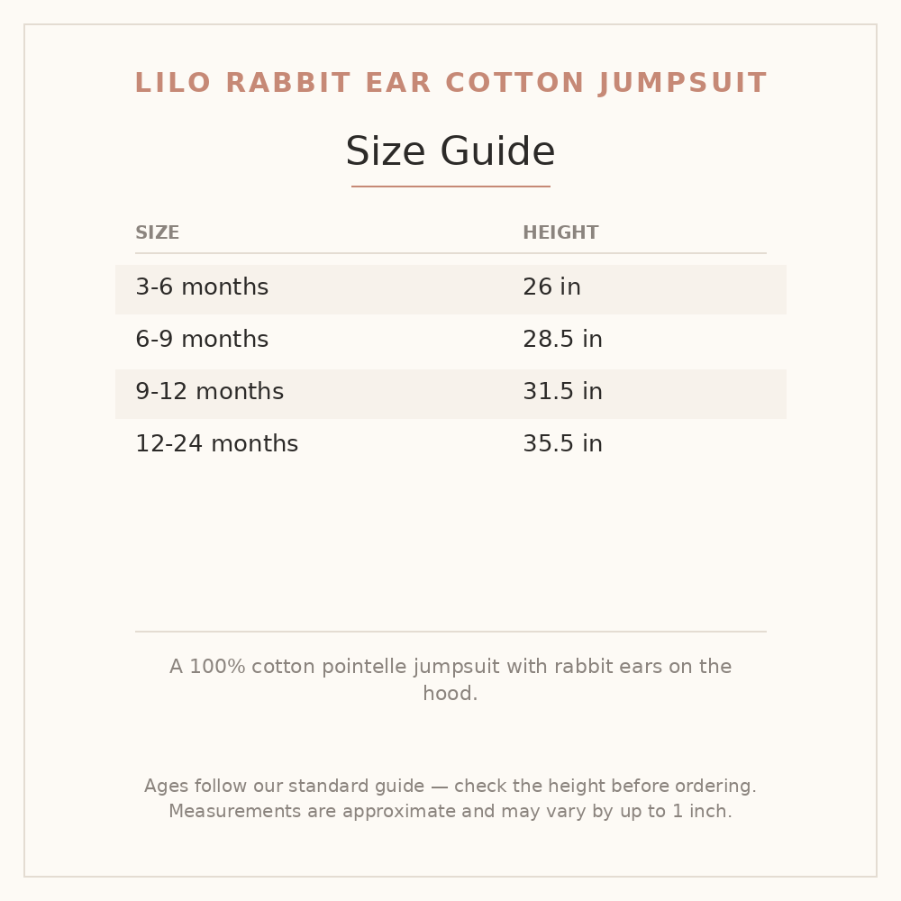 Lilo Rabbit Ear Cotton Jumpsuit size guide - age and height