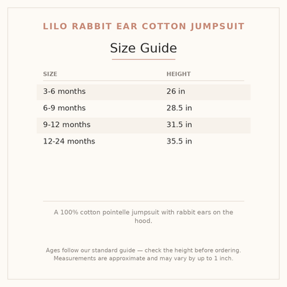 Lilo Rabbit Ear Cotton Jumpsuit size guide - age and height