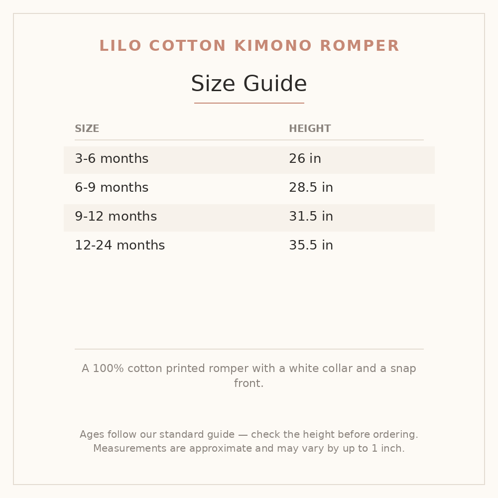 Lilo Cotton Kimono Romper size guide - age and height