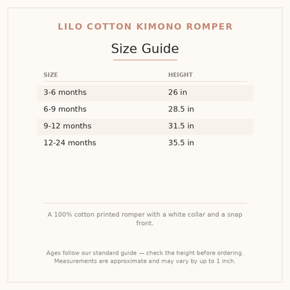 Lilo Cotton Kimono Romper size guide - age and height