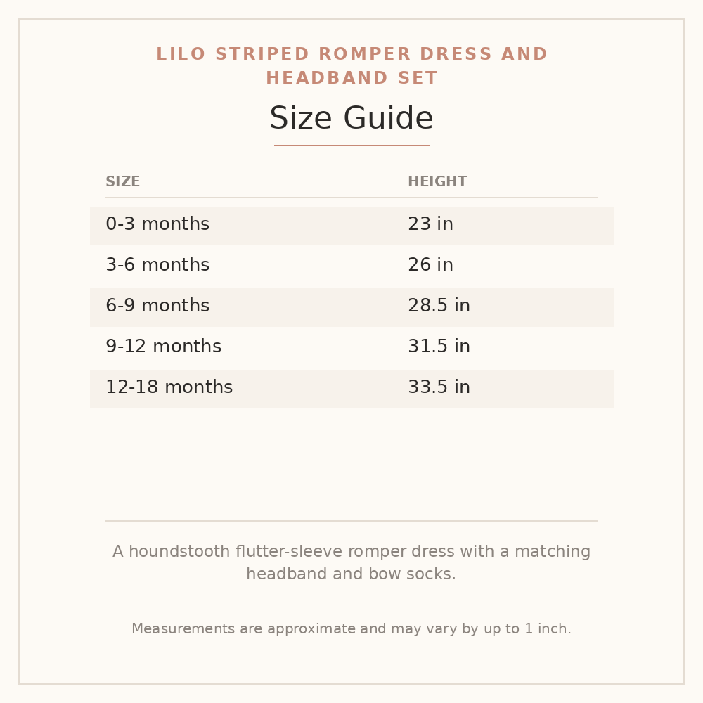 Lilo Striped Romper Dress and Headband Set size guide - age and height