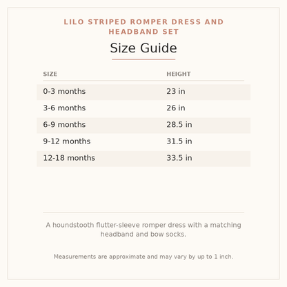Lilo Striped Romper Dress and Headband Set size guide - age and height