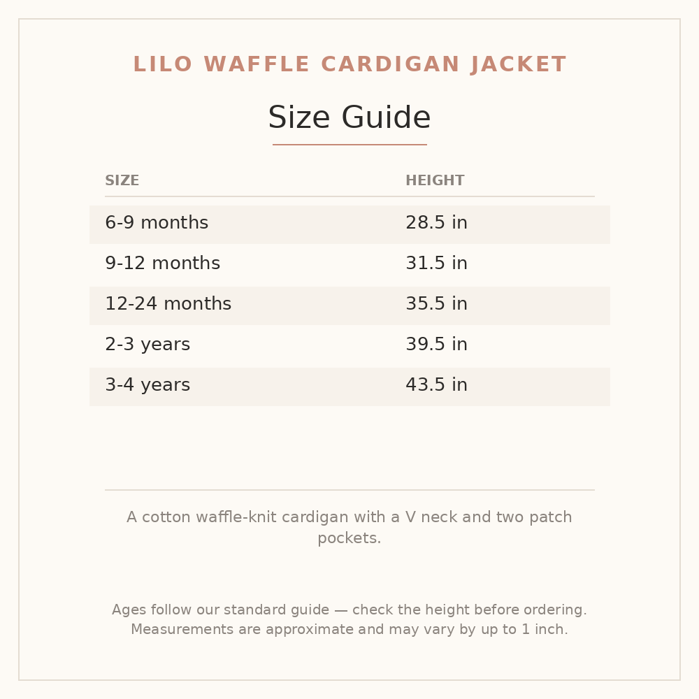 Lilo Waffle Cardigan Jacket size guide - age and height