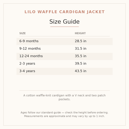 Lilo Waffle Cardigan Jacket size guide - age and height