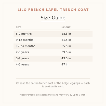 Lilo French Lapel Trench Coat size guide - age and height