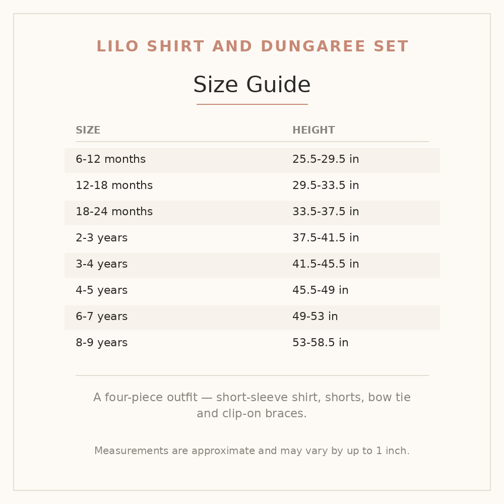 Lilo Shirt and Dungaree Set size guide - age and height