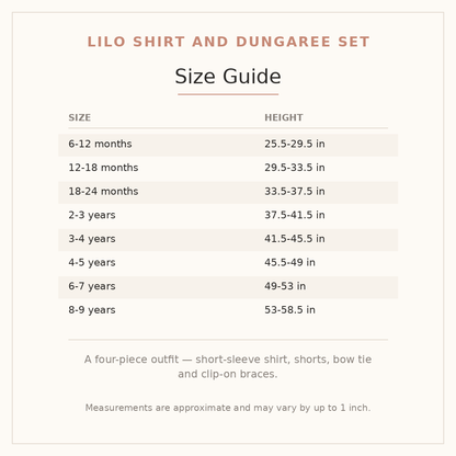 Lilo Shirt and Dungaree Set size guide - age and height