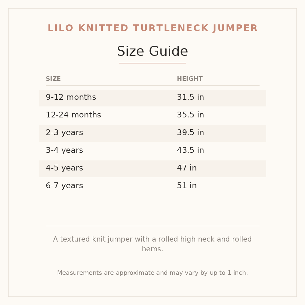 Lilo Knitted Turtleneck Jumper size guide - age and height